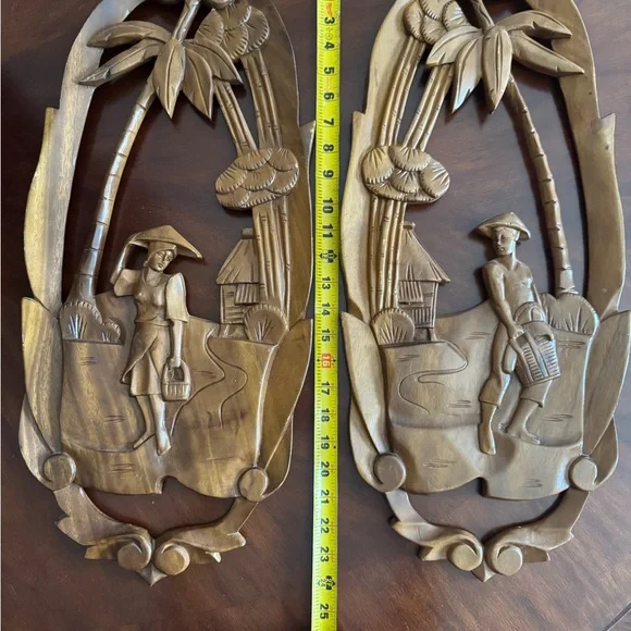Hand Carved Wood MCM Wall Decor Plaque Set